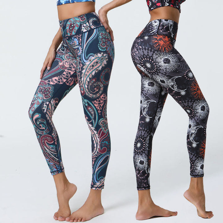 Buddha Stones Fiori Piume Sole Luna Stampa Sport Fitness Yoga Vita Alta Leggings Pantaloni Donna - image 0