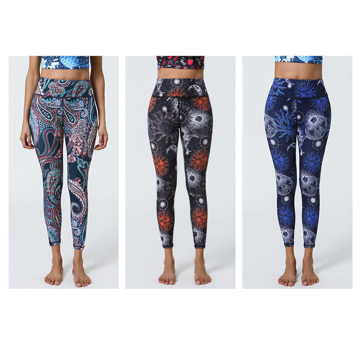 Buddha Stones Fiori Piume Sole Luna Stampa Sport Fitness Yoga Vita Alta Leggings Pantaloni Donna - image 15