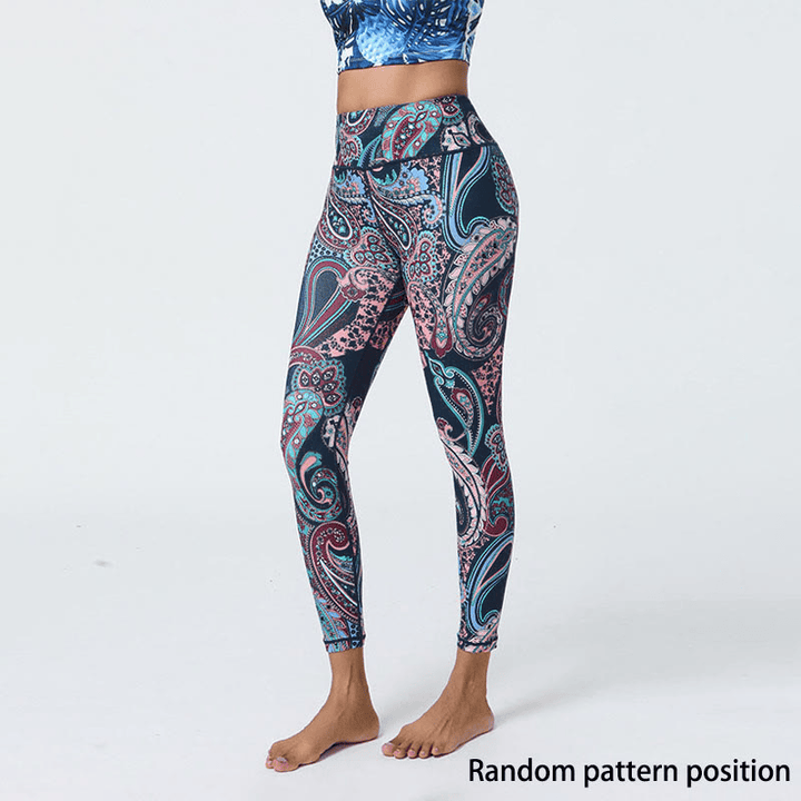 Buddha Stones Fiori Piume Sole Luna Stampa Sport Fitness Yoga Vita Alta Leggings Pantaloni Donna - Piume blu scuro - US12, UK/AU16, EU44 (XL) - image 1