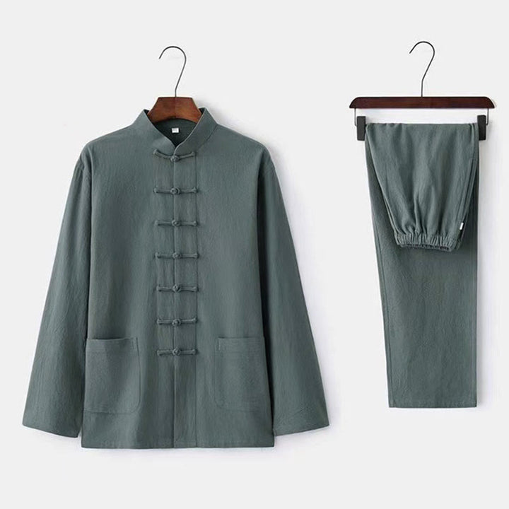 Completo da uomo in stile Tang con bottoni a rana Buddha Stones , composto da camicia a maniche lunghe e pantaloni, set completo da 2 pezzi. - Cadetto Blu - US/UK/AU44，EU54 (5XL) - image 4