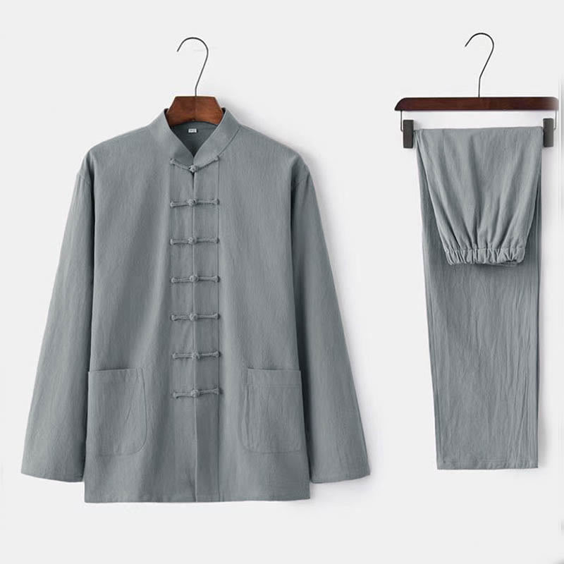 Completo da uomo in stile Tang con bottoni a rana Buddha Stones , composto da camicia a maniche lunghe e pantaloni, set completo da 2 pezzi. - Gainsboro - US/UK/AU44，EU54 (5XL) - image 2