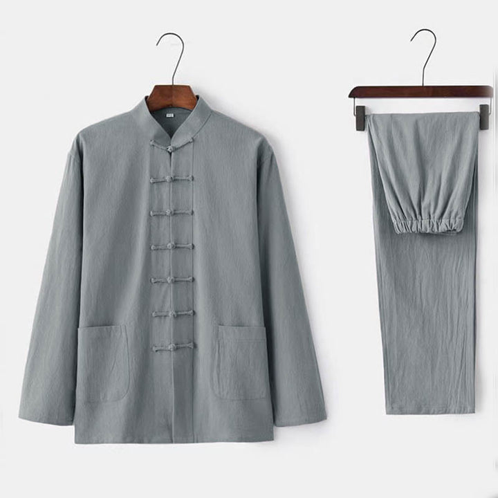 Completo da uomo in stile Tang con bottoni a rana Buddha Stones , composto da camicia a maniche lunghe e pantaloni, set completo da 2 pezzi. - Gainsboro - US/UK/AU44，EU54 (5XL) - image 2