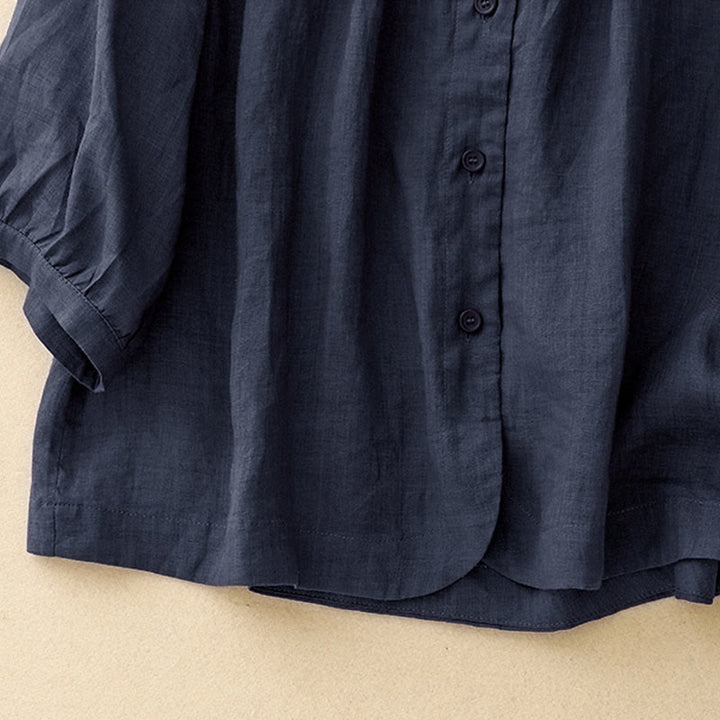 Camicia da donna con maniche a tre quarti e scollo rotondo con bottoni semplici e motivo Buddha Stones - image 2