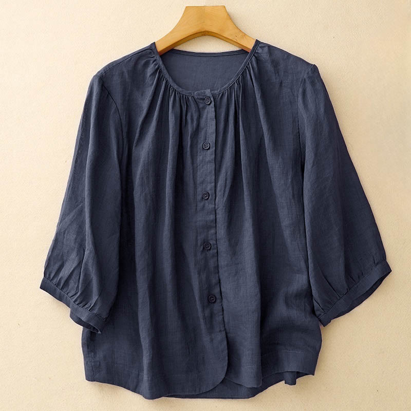 Camicia da donna a maniche a tre quarti con scollo rotondo e bottoni, modello Buddha Stones. - Marina - US12, UK/AU16, EU44 (2XL) - image 0
