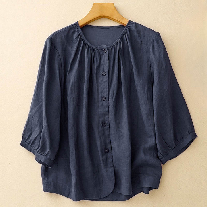 Camicia da donna a maniche a tre quarti con scollo rotondo e bottoni, modello Buddha Stones. - Marina - US12, UK/AU16, EU44 (2XL) - image 0