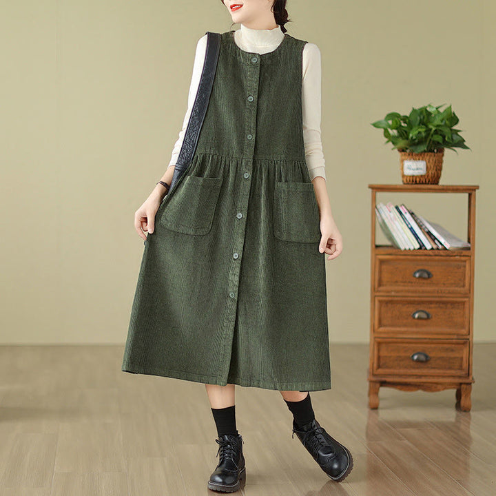Abito midi senza maniche in velluto a coste con tasche e bottoni retrò Buddha Stones Fall - Verde scuro - US12, UK/AU16, EU44 (3XL) - image 5
