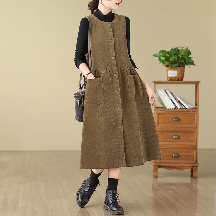 Abito midi senza maniche in velluto a coste con tasche e bottoni retrò Buddha Stones Fall - DarkGoldenrod - US12, UK/AU16, EU44 (3XL) - image 11
