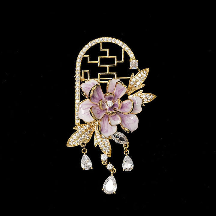 Buddha Stones Spilla in rame con nappa di peonia viola in stile cinese - image 1