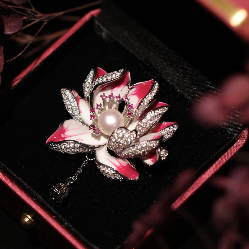 Buddha Stones Spilla in rame con perle e fiore di loto, nuovo inizio - Rosa rossa - image 2