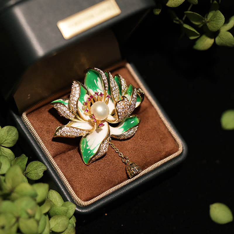 Buddha Stones Spilla in rame con perle e fiore di loto, nuovo inizio - Verde - image 0