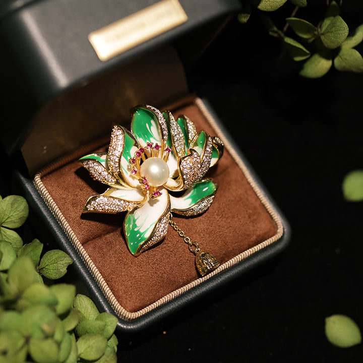 Buddha Stones Spilla in rame con perle e fiore di loto, nuovo inizio - Verde - image 0