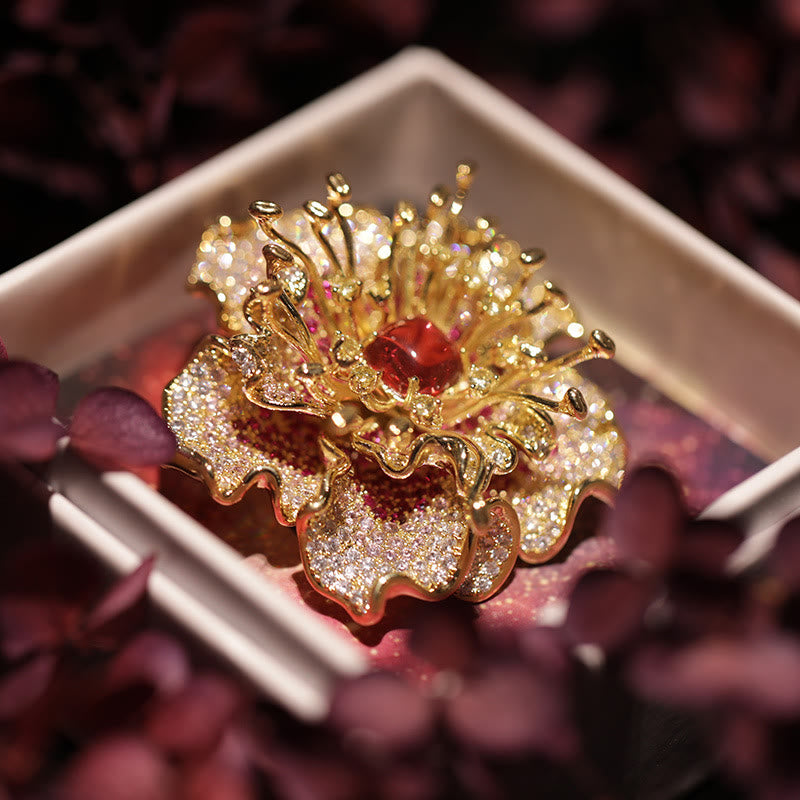 Buddha Stones Spilla in rame con fiore di peonia e prosperità - Peonia rossa - image 0
