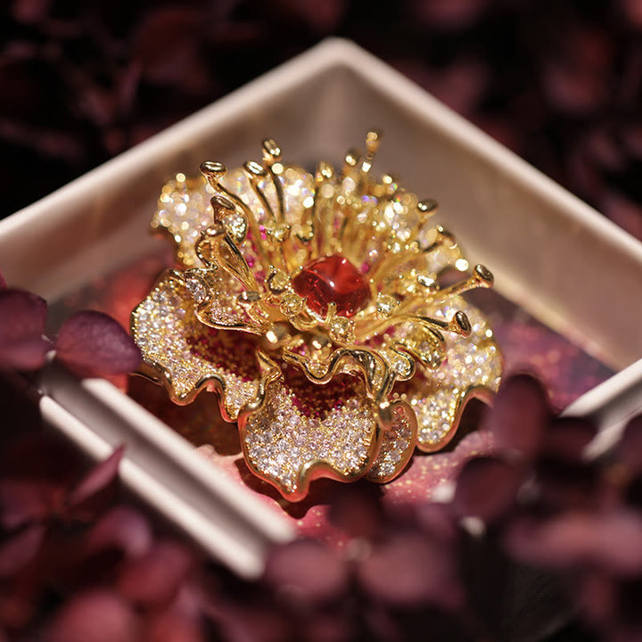 Buddha Stones Spilla in rame con fiore di peonia e prosperità - Peonia rossa - image 0