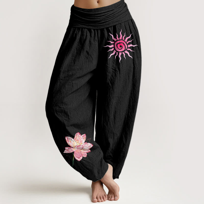 Buddha Stones Pantaloni harem da donna in cotone con elastico in vita e motivo a fiori di loto e sole - Nero - US16, UK/AU20, EU48 (3XL) - image 0