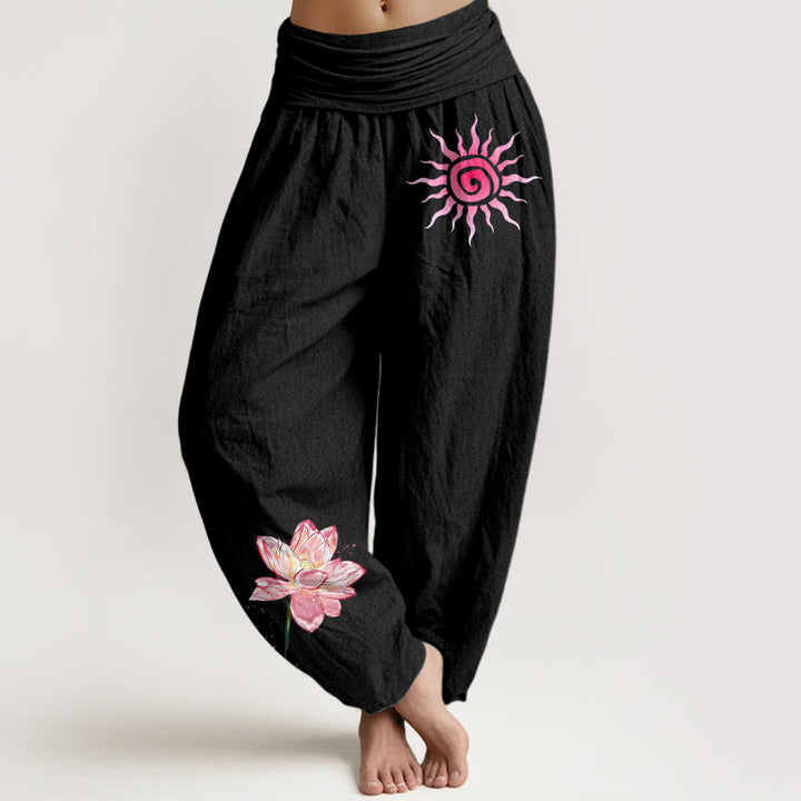 Buddha Stones Pantaloni harem da donna in cotone con elastico in vita e motivo a fiori di loto e sole - Nero - US16, UK/AU20, EU48 (3XL) - image 0