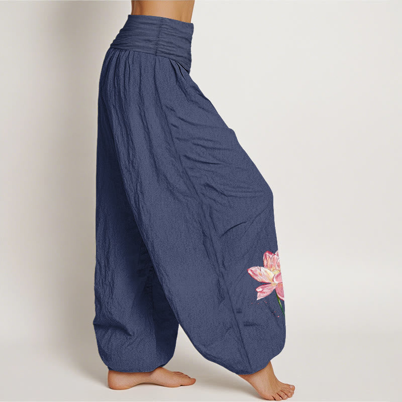 Buddha Stones Pantaloni harem da donna in cotone con elastico in vita e motivo a fiori di loto e sole - image 6