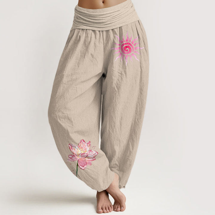 Buddha Stones Pantaloni harem da donna in cotone con elastico in vita e motivo a fiori di loto e sole - Tan - US16, UK/AU20, EU48 (3XL) - image 11
