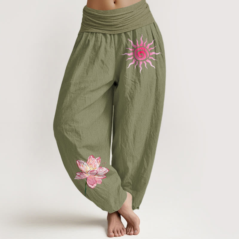 Buddha Stones Pantaloni harem da donna in cotone con elastico in vita e motivo a fiori di loto e sole - Verde oliva - US16, UK/AU20, EU48 (3XL) - image 14