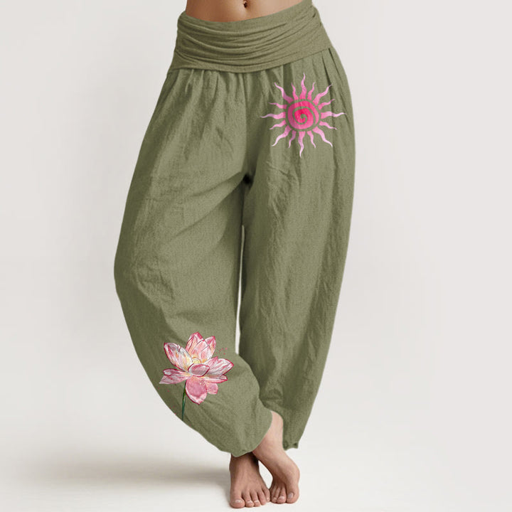 Buddha Stones Pantaloni harem da donna in cotone con elastico in vita e motivo a fiori di loto e sole - Verde oliva - US16, UK/AU20, EU48 (3XL) - image 14