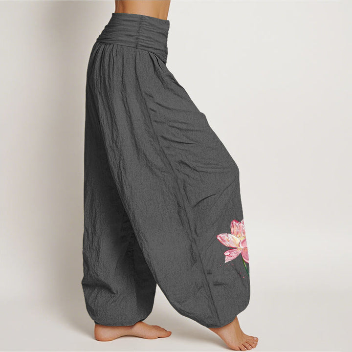 Buddha Stones Pantaloni harem da donna in cotone con elastico in vita e motivo a fiori di loto e sole - image 9