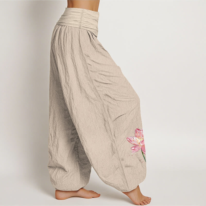 Buddha Stones Pantaloni harem da donna in cotone con elastico in vita e motivo a fiori di loto e sole - image 12