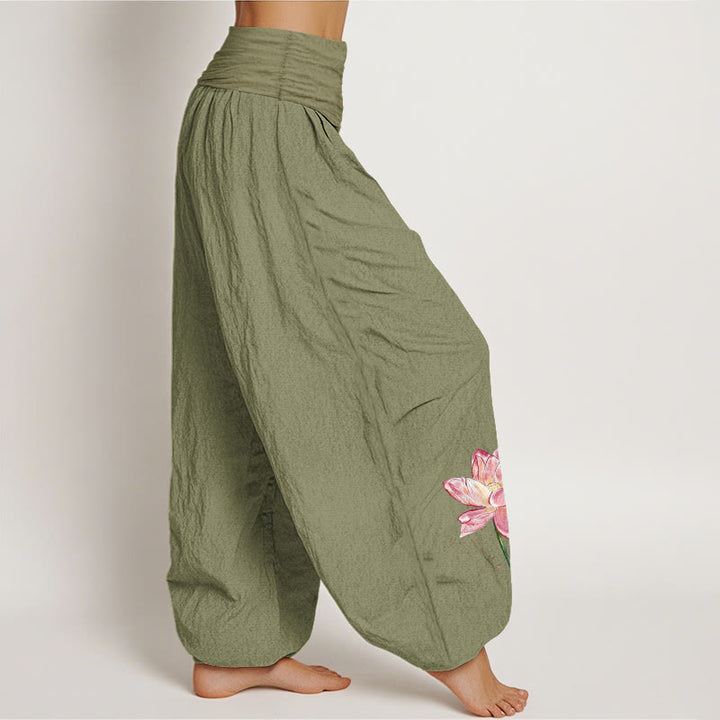 Buddha Stones Pantaloni harem da donna in cotone con elastico in vita e motivo a fiori di loto e sole - image 15