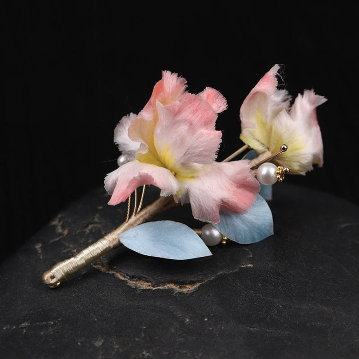 Buddha Stones Spilla di protezione in seta lavorata a mano con fiore di iris rosa - Iris rosa circa 7 cm - image 0