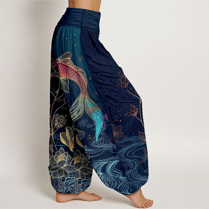 Buddha Stones Pantaloni harem da donna in puro cotone con elastico in vita e motivo a pesce koi di loto - image 2