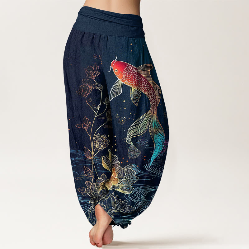Buddha Stones Pantaloni harem da donna in puro cotone con elastico in vita e motivo a pesce koi di loto - image 1