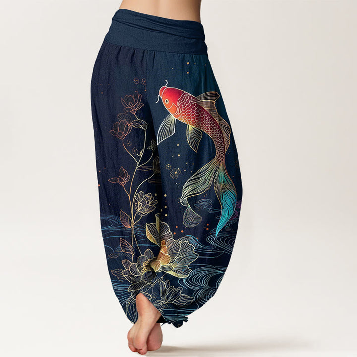 Buddha Stones Pantaloni harem da donna in puro cotone con elastico in vita e motivo a pesce koi di loto - image 1