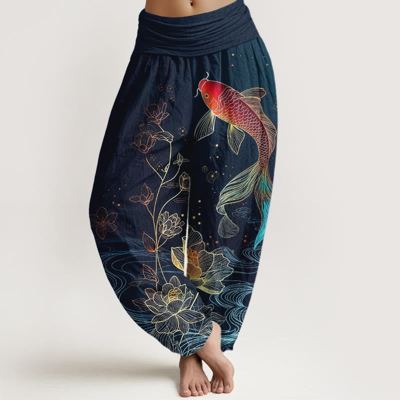 Buddha Stones Pantaloni harem da donna in puro cotone con elastico in vita e motivo a pesce koi di loto - Marina - US16, UK/AU20, EU48 (3XL) - image 0