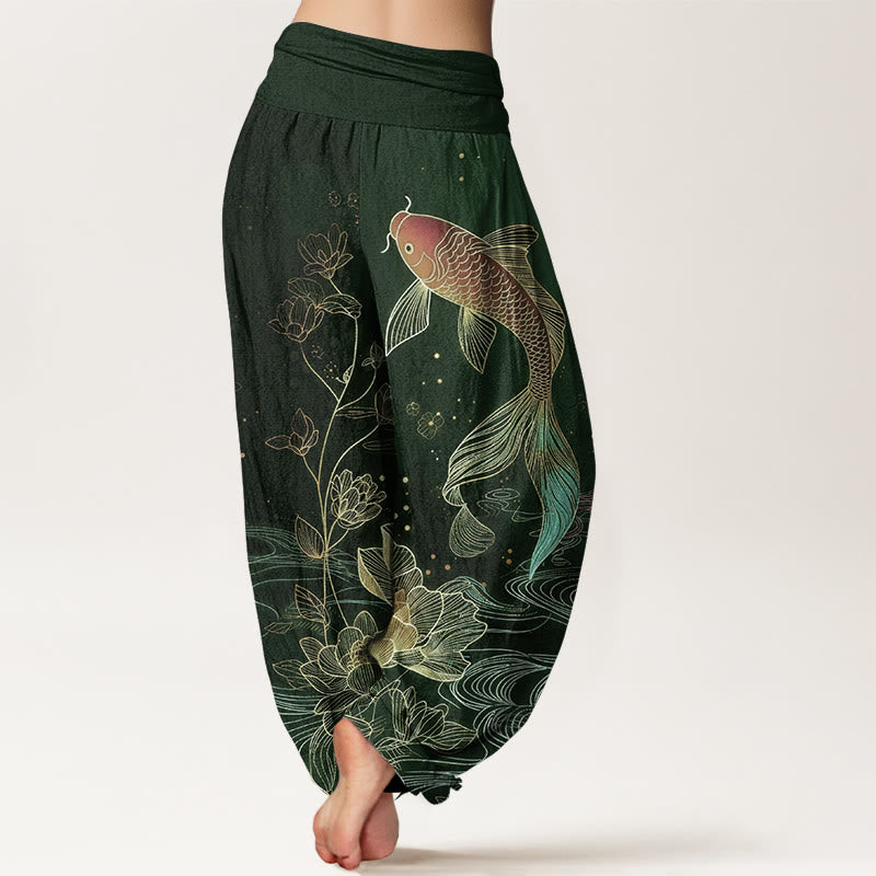 Buddha Stones Pantaloni harem da donna in puro cotone con elastico in vita e motivo a pesce koi di loto - image 6