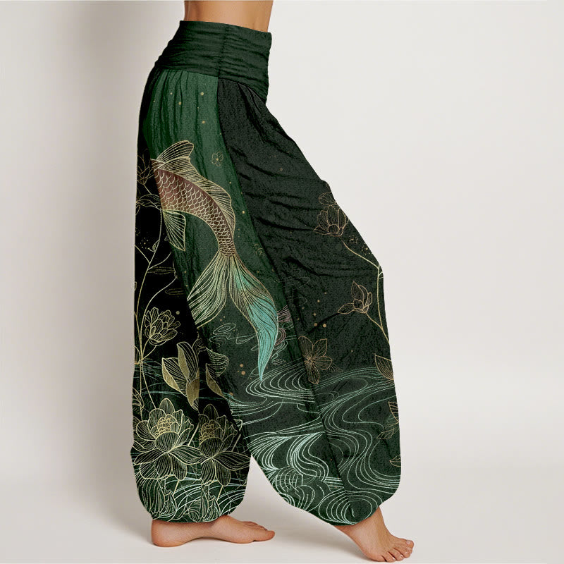 Buddha Stones Pantaloni harem da donna in puro cotone con elastico in vita e motivo a pesce koi di loto - image 7