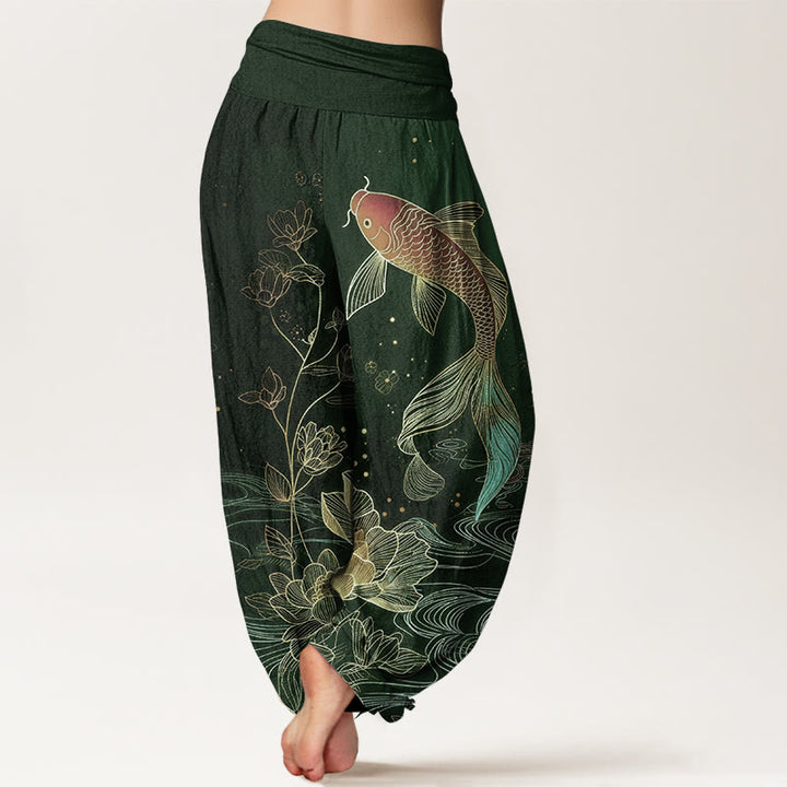 Buddha Stones Pantaloni harem da donna in puro cotone con elastico in vita e motivo a pesce koi di loto - image 6