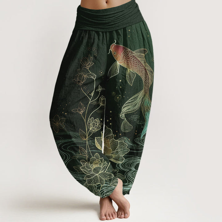 Buddha Stones Pantaloni harem da donna in puro cotone con elastico in vita e motivo a pesce koi di loto - Verde scuro - US16, UK/AU20, EU48 (3XL) - image 5