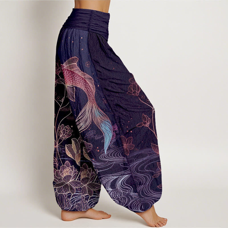 Buddha Stones Pantaloni harem da donna in puro cotone con elastico in vita e motivo a pesce koi di loto - image 10