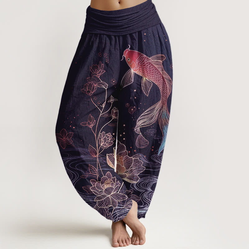 Buddha Stones Pantaloni harem da donna in puro cotone con elastico in vita e motivo a pesce koi di loto - Indaco - US16, UK/AU20, EU48 (3XL) - image 8
