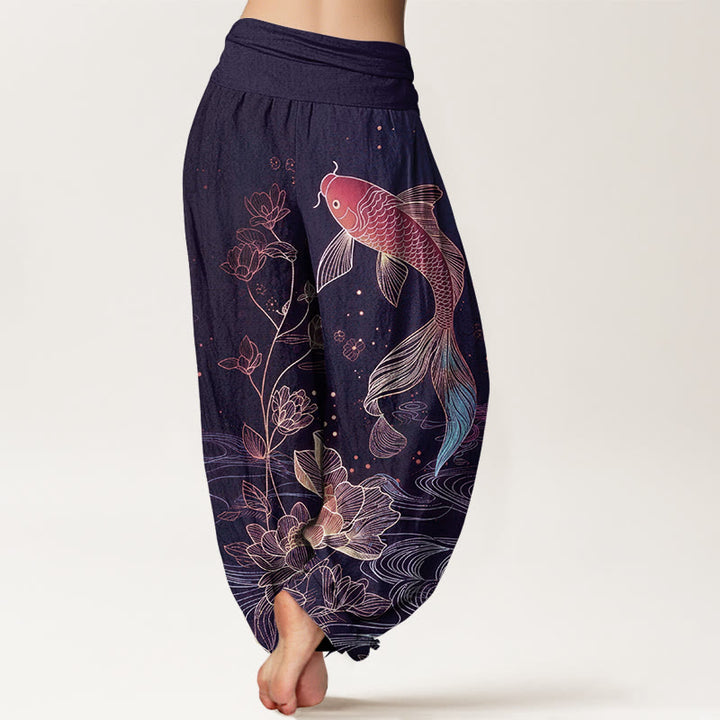 Buddha Stones Pantaloni harem da donna in puro cotone con elastico in vita e motivo a pesce koi di loto - image 9