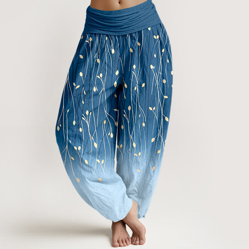 Buddha Stones Pantaloni harem da donna in puro cotone con elastico in vita e motivo a rami e foglie sfumato - Blu reale - US16, UK/AU20, EU48 (3XL) - image 0
