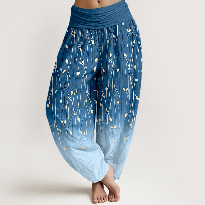 Buddha Stones Pantaloni harem da donna in puro cotone con elastico in vita e motivo a rami e foglie sfumato - Blu reale - US16, UK/AU20, EU48 (3XL) - image 0