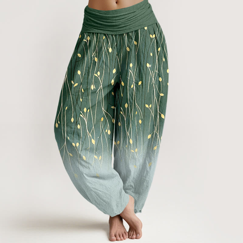 Buddha Stones Pantaloni harem da donna in puro cotone con elastico in vita e motivo a rami e foglie sfumato - Verde Mare Scuro - US16, UK/AU20, EU48 (3XL) - image 5