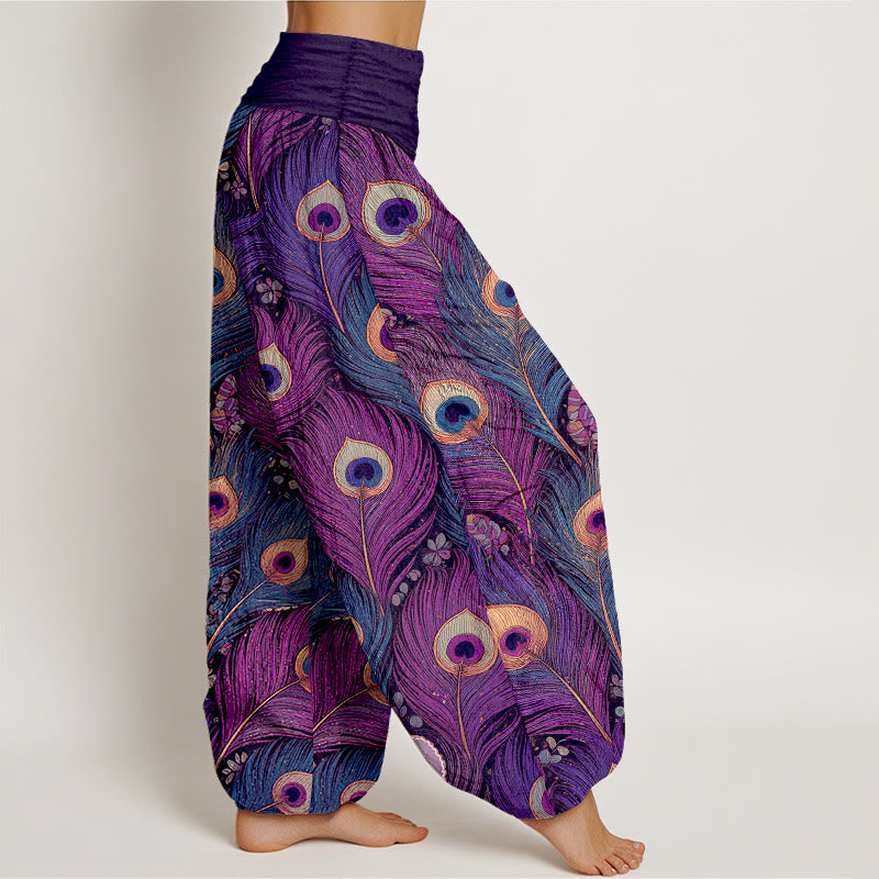 Buddha Stones Pantaloni harem da donna in puro cotone con elastico in vita e fantasia a piume di pavone. - image 2