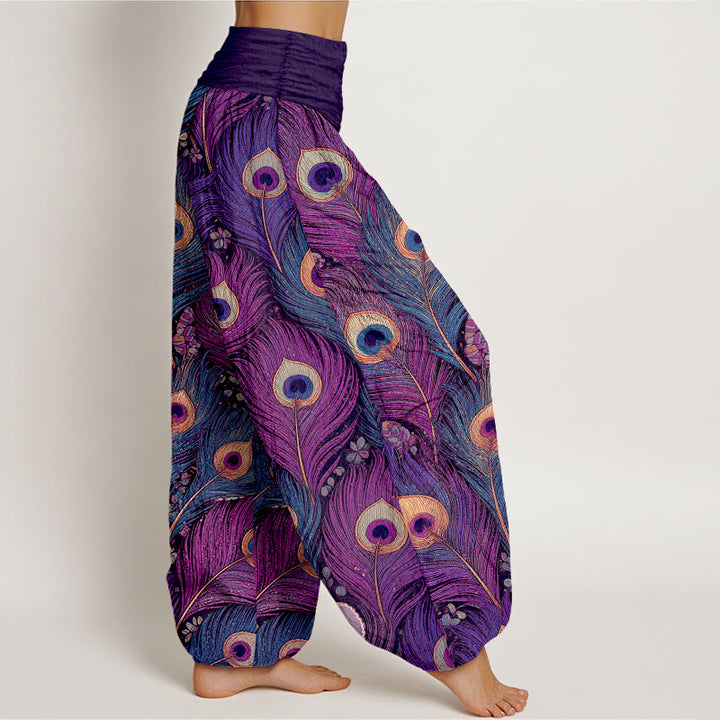 Buddha Stones Pantaloni harem da donna in puro cotone con elastico in vita e fantasia a piume di pavone. - image 2