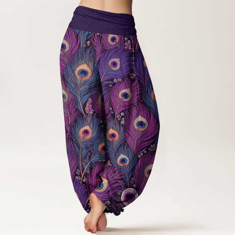 Buddha Stones Pantaloni harem da donna in puro cotone con elastico in vita e fantasia a piume di pavone. - image 1