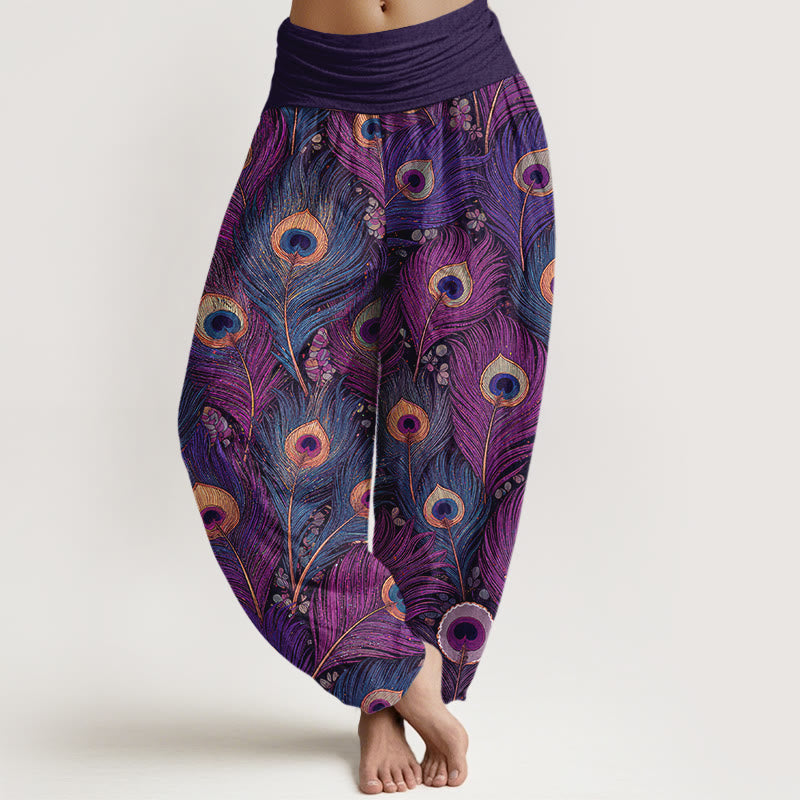 Buddha Stones Pantaloni harem da donna in puro cotone con elastico in vita e fantasia a piume di pavone. - Orchidea scura - US16, UK/AU20, EU48 (3XL) - image 0