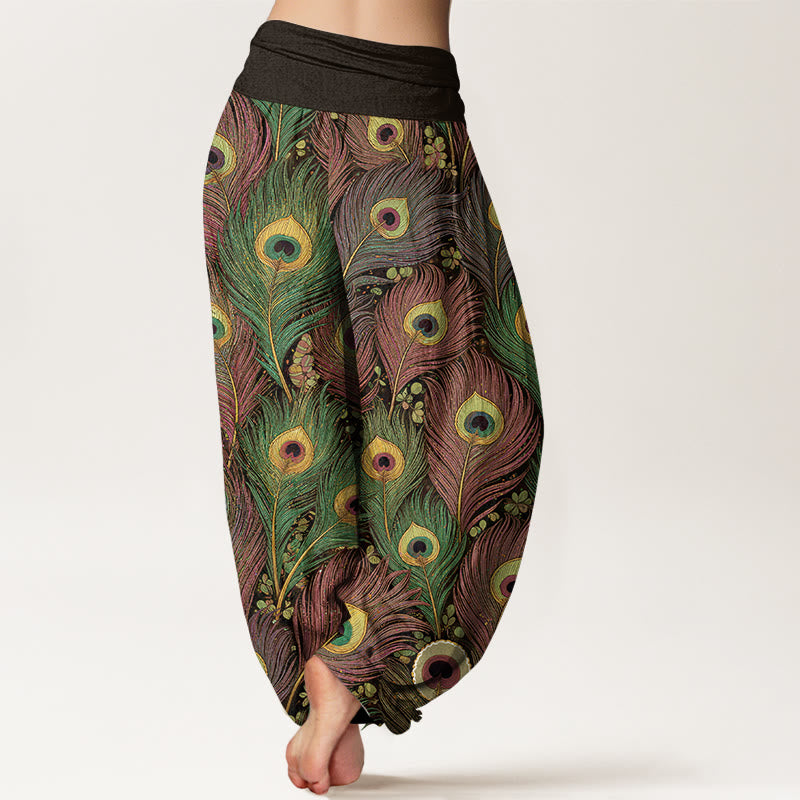 Buddha Stones Pantaloni harem da donna in puro cotone con elastico in vita e fantasia a piume di pavone. - image 6