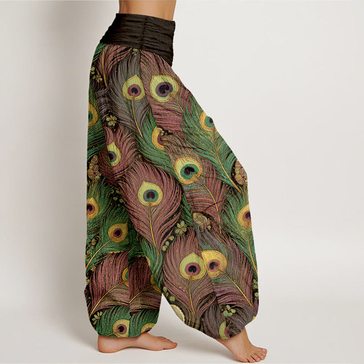 Buddha Stones Pantaloni harem da donna in puro cotone con elastico in vita e fantasia a piume di pavone. - image 7