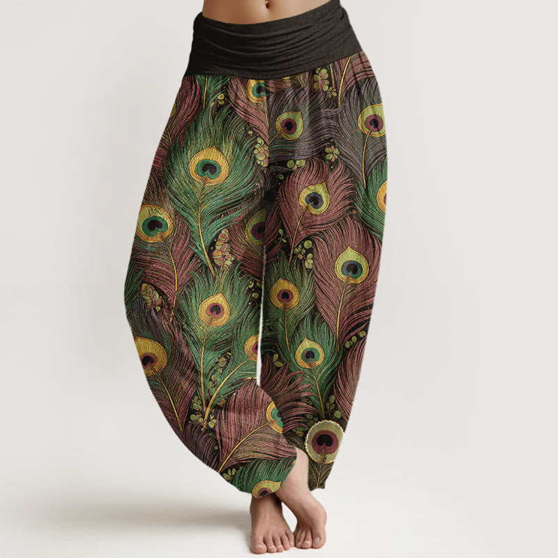 Buddha Stones Pantaloni harem da donna in puro cotone con elastico in vita e fantasia a piume di pavone. - Verde oliva scuro - US16, UK/AU20, EU48 (3XL) - image 5