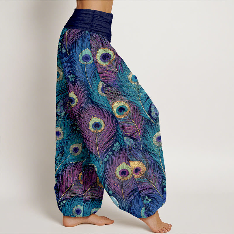 Buddha Stones Pantaloni harem da donna in puro cotone con elastico in vita e fantasia a piume di pavone. - image 10