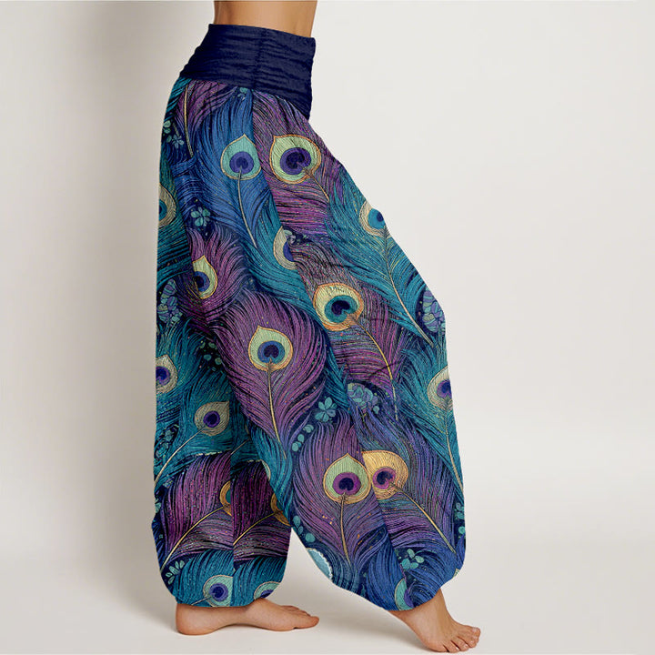 Buddha Stones Pantaloni harem da donna in puro cotone con elastico in vita e fantasia a piume di pavone. - image 10